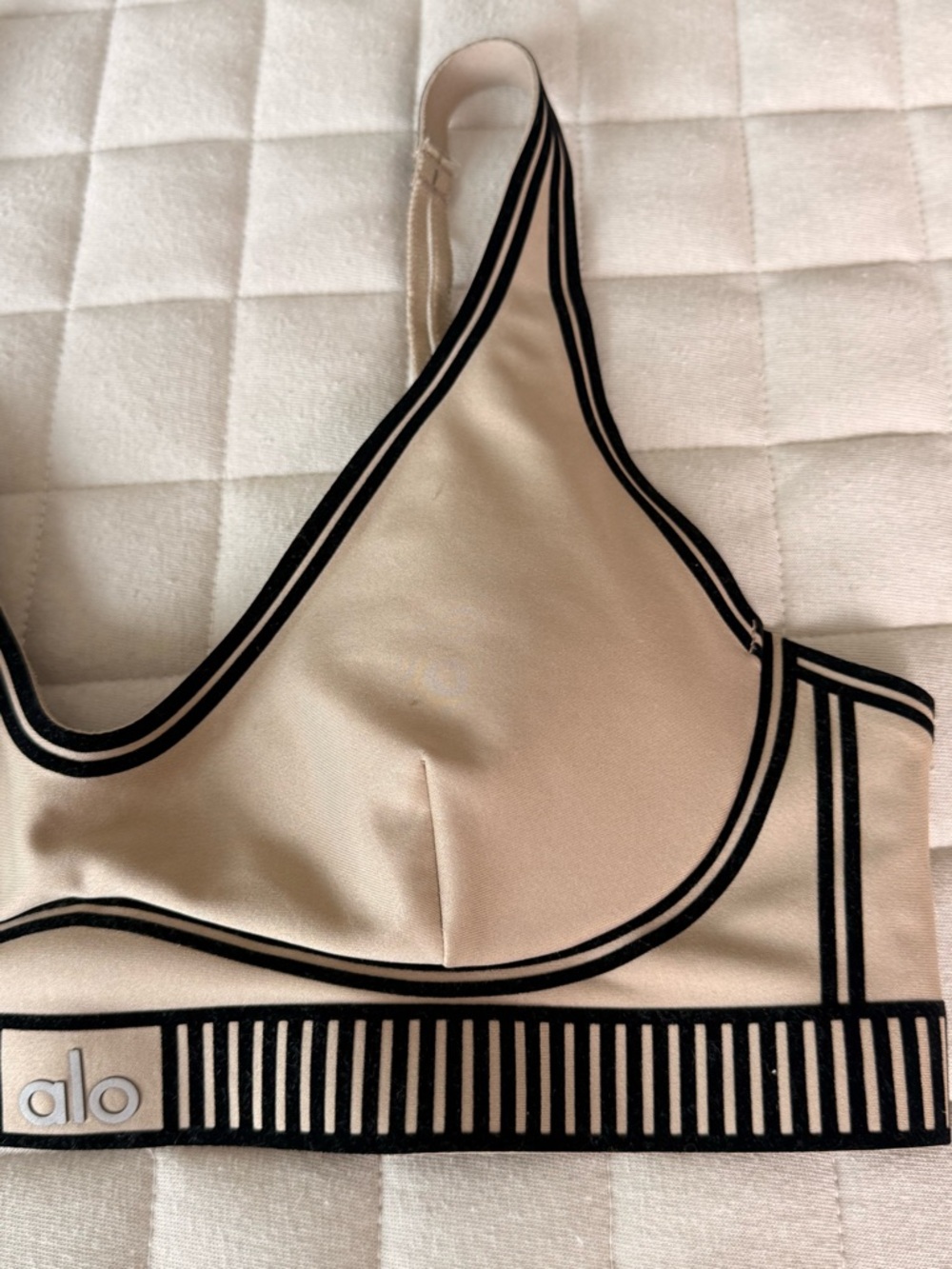 ALO Yoga Nude Beige Sports Bra with Black Trim - Picture 3 of 9